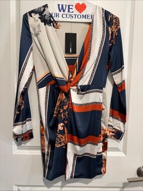 Fashion Nova Navy, Rust & Cream Long-Sleeve Twist Front Dress